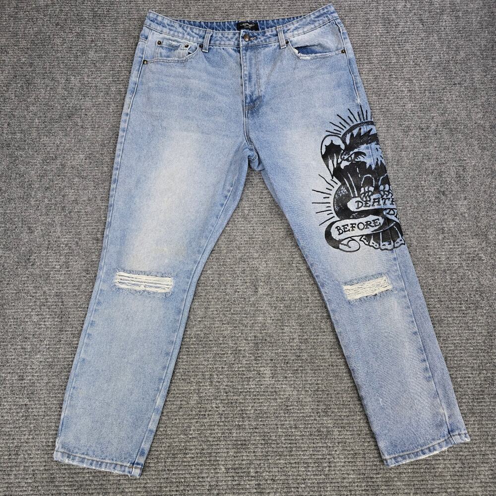 Ed Hardy Jeans Mens 36x30 Death Before Dishonor Tattoo Graphic Y2K Light Wash